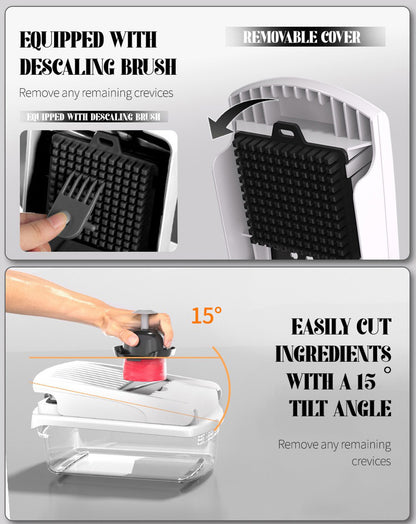 Vegetable Chopper, Multifunctional 15-in-1, Food Slicer Dicer with Stainless Steel Blades, Safety Guard & Drain Basket for Fruits Veggies