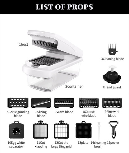 Vegetable Chopper, Multifunctional 15-in-1, Food Slicer Dicer with Stainless Steel Blades, Safety Guard & Drain Basket for Fruits Veggies