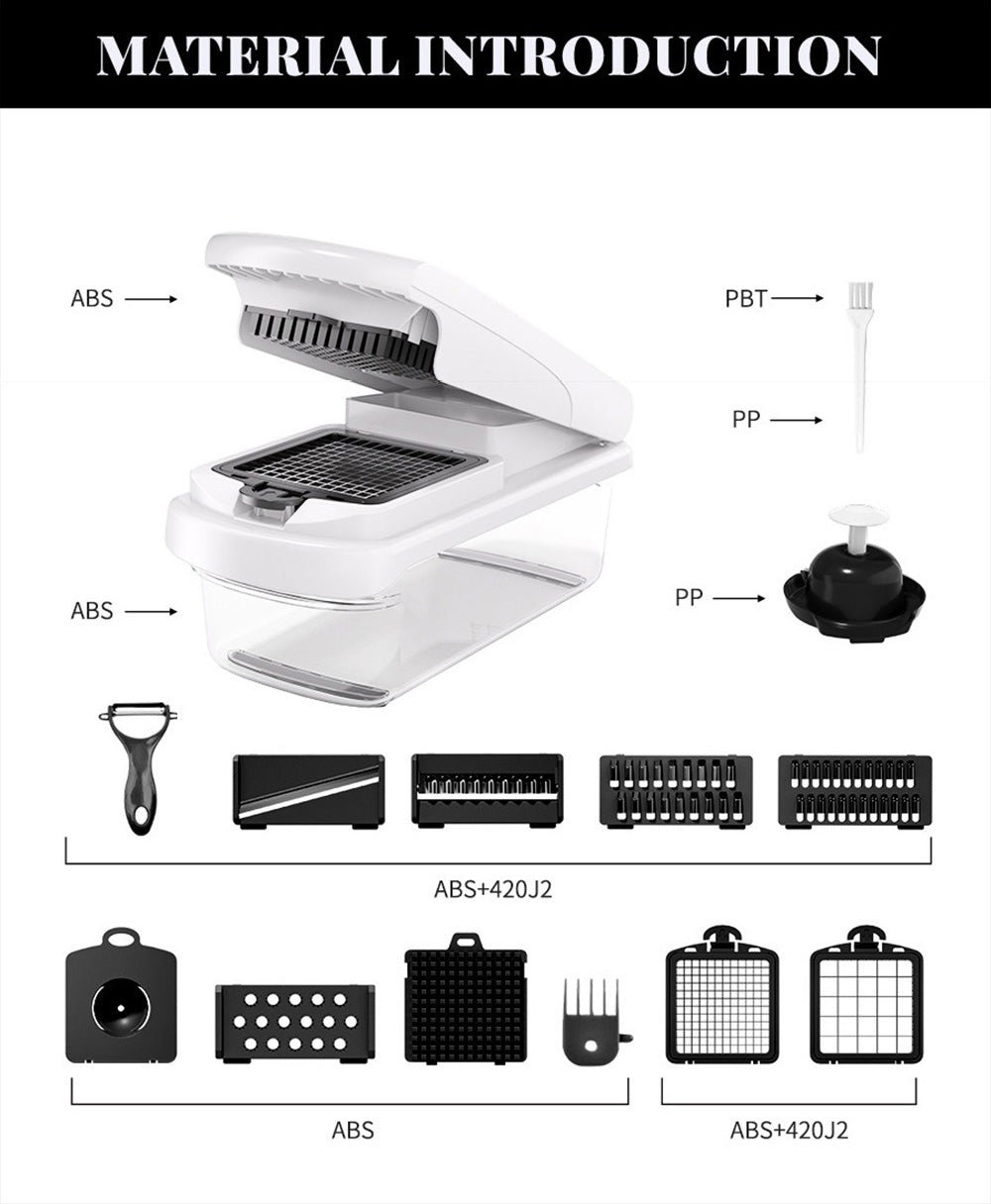 Vegetable Chopper, Multifunctional 15-in-1, Food Slicer Dicer with Stainless Steel Blades, Safety Guard & Drain Basket for Fruits Veggies