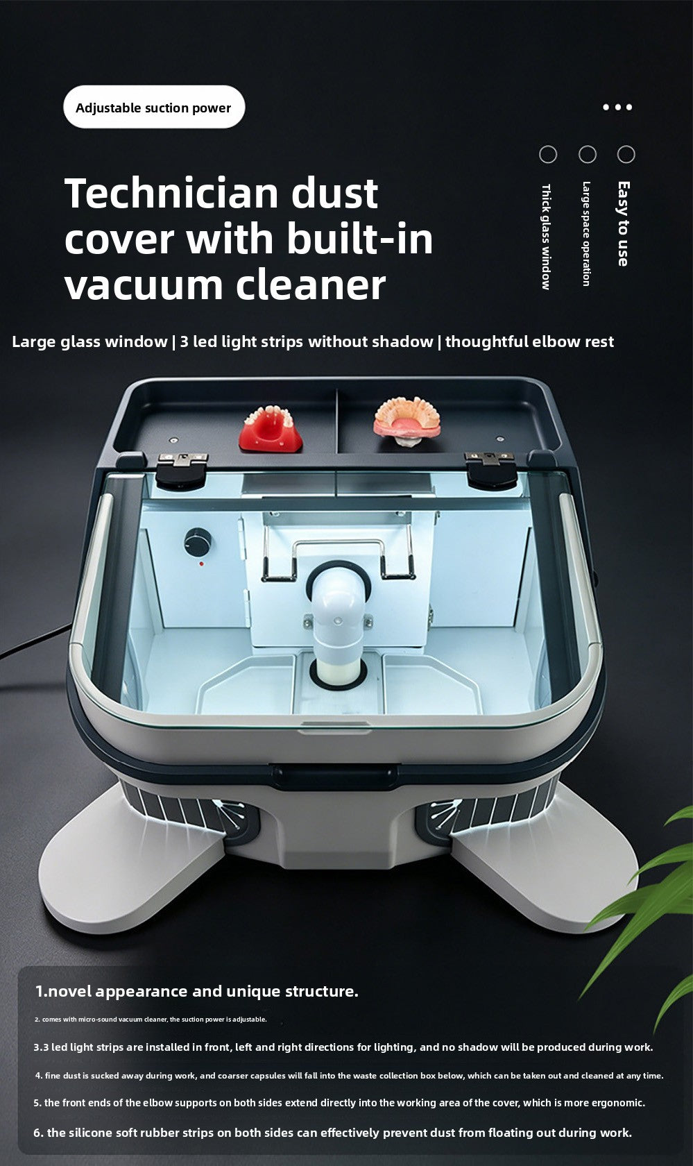 Dental Technician Dust Cover with Built-in Vacuum, LED Light, Large Operation Space for Grinding & Polishing