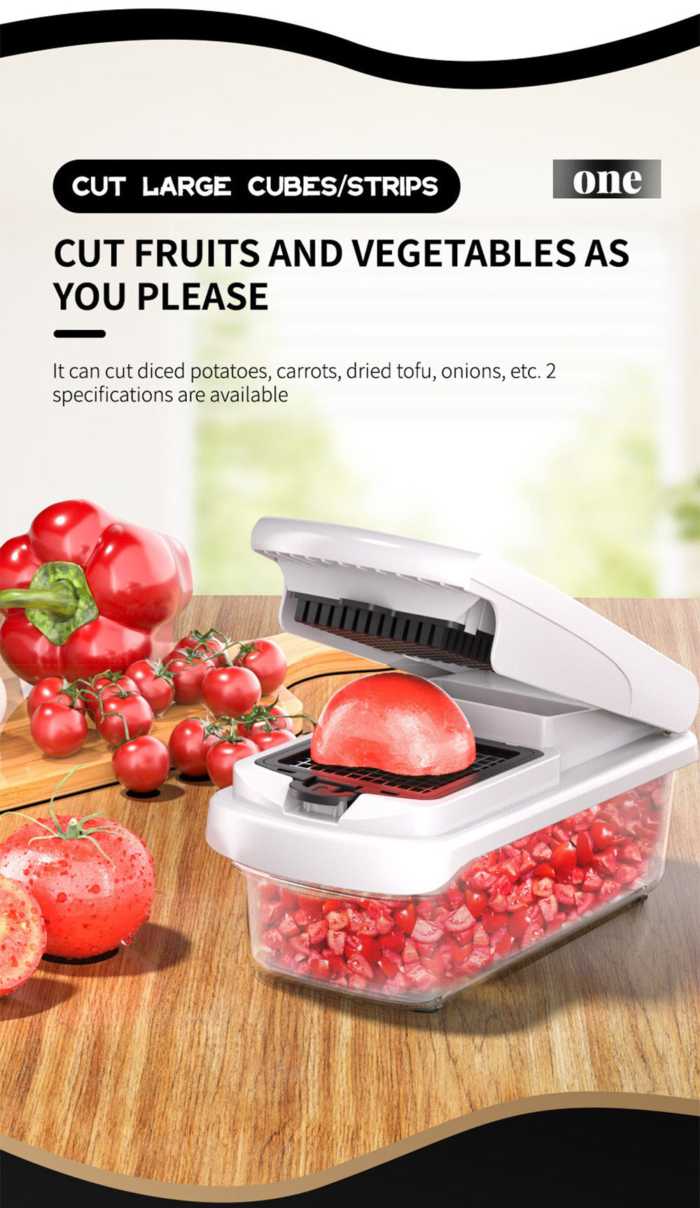 Vegetable Chopper, Multifunctional 15-in-1, Food Slicer Dicer with Stainless Steel Blades, Safety Guard & Drain Basket for Fruits Veggies