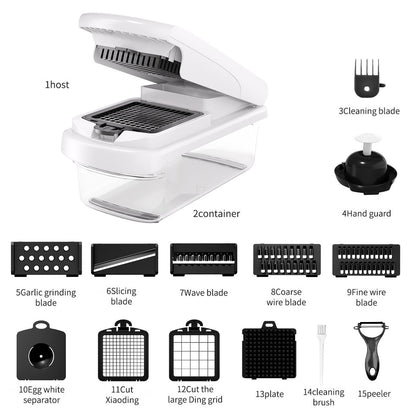 Vegetable Chopper, Multifunctional 15-in-1, Food Slicer Dicer with Stainless Steel Blades, Safety Guard & Drain Basket for Fruits Veggies