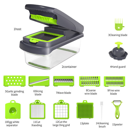 Vegetable Chopper, Multifunctional 15-in-1, Food Slicer Dicer with Stainless Steel Blades, Safety Guard & Drain Basket for Fruits Veggies