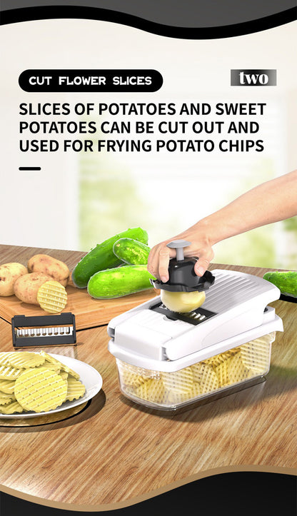 Vegetable Chopper, Multifunctional 15-in-1, Food Slicer Dicer with Stainless Steel Blades, Safety Guard & Drain Basket for Fruits Veggies