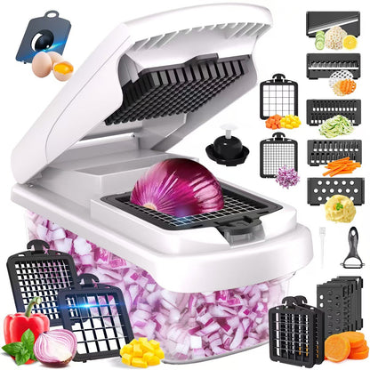 Vegetable Chopper, Multifunctional 15-in-1, Food Slicer Dicer with Stainless Steel Blades, Safety Guard & Drain Basket for Fruits Veggies