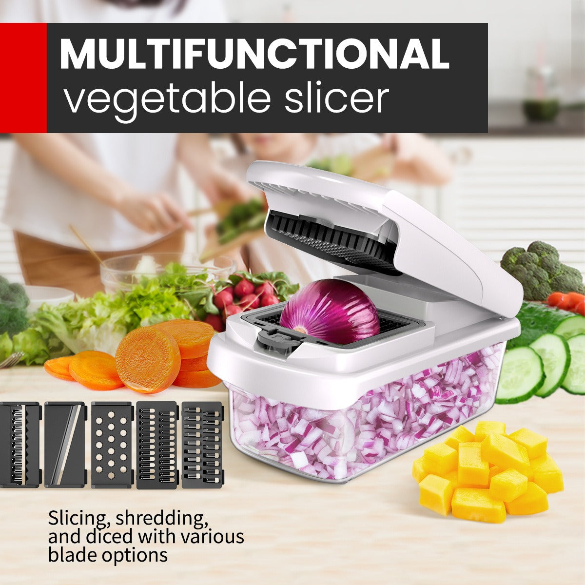 Vegetable Chopper, Multifunctional 15-in-1, Food Slicer Dicer with Stainless Steel Blades, Safety Guard & Drain Basket for Fruits Veggies