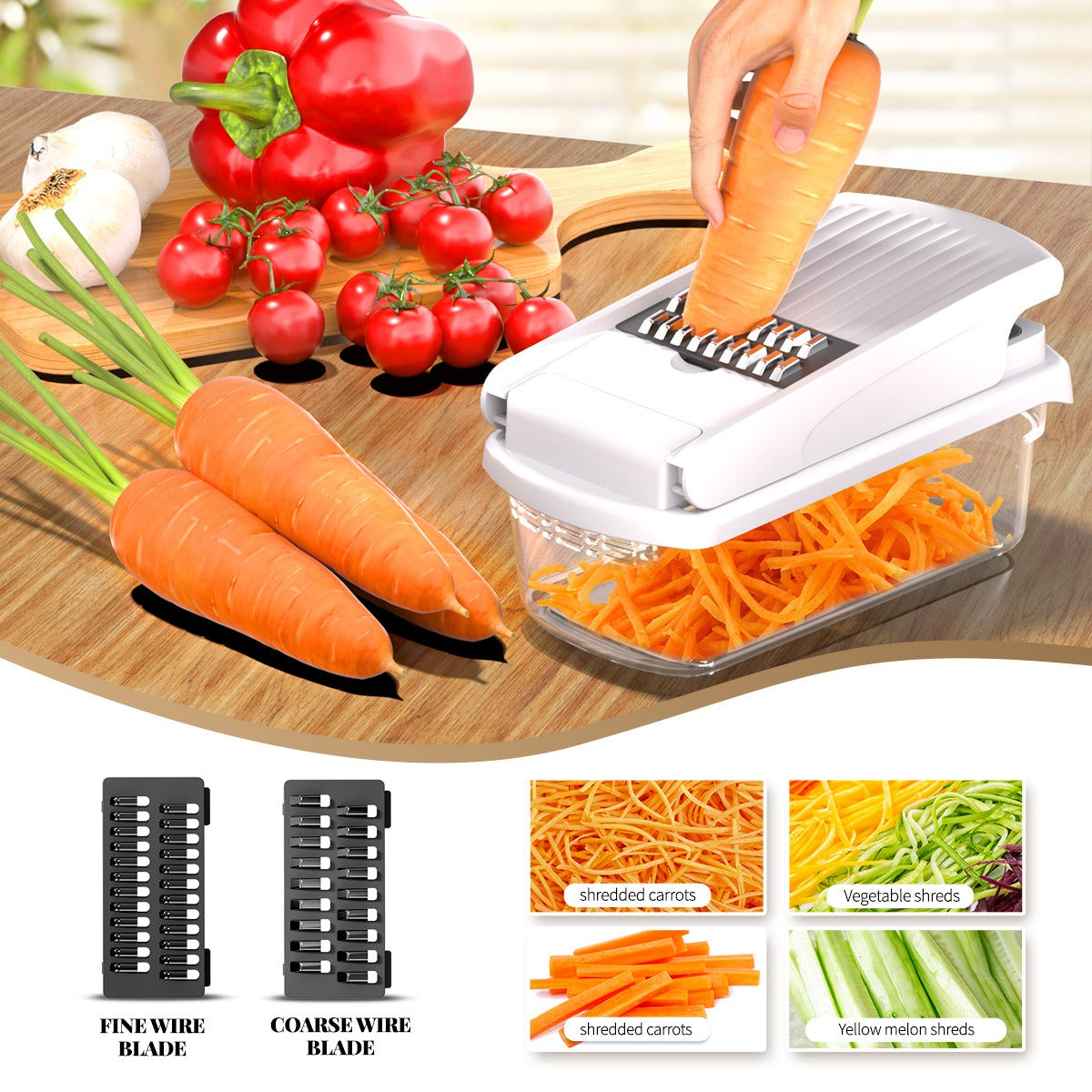 Vegetable Chopper, Multifunctional 15-in-1, Food Slicer Dicer with Stainless Steel Blades, Safety Guard & Drain Basket for Fruits Veggies