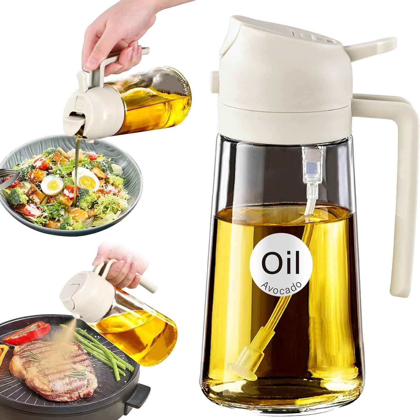 2 in 1, 16oz/470ml Kitchen Oil Dispenser, Leakproof Olive Oil Vinegar Pour Bottle, 3 Colors Black White Green for Cooking Storage