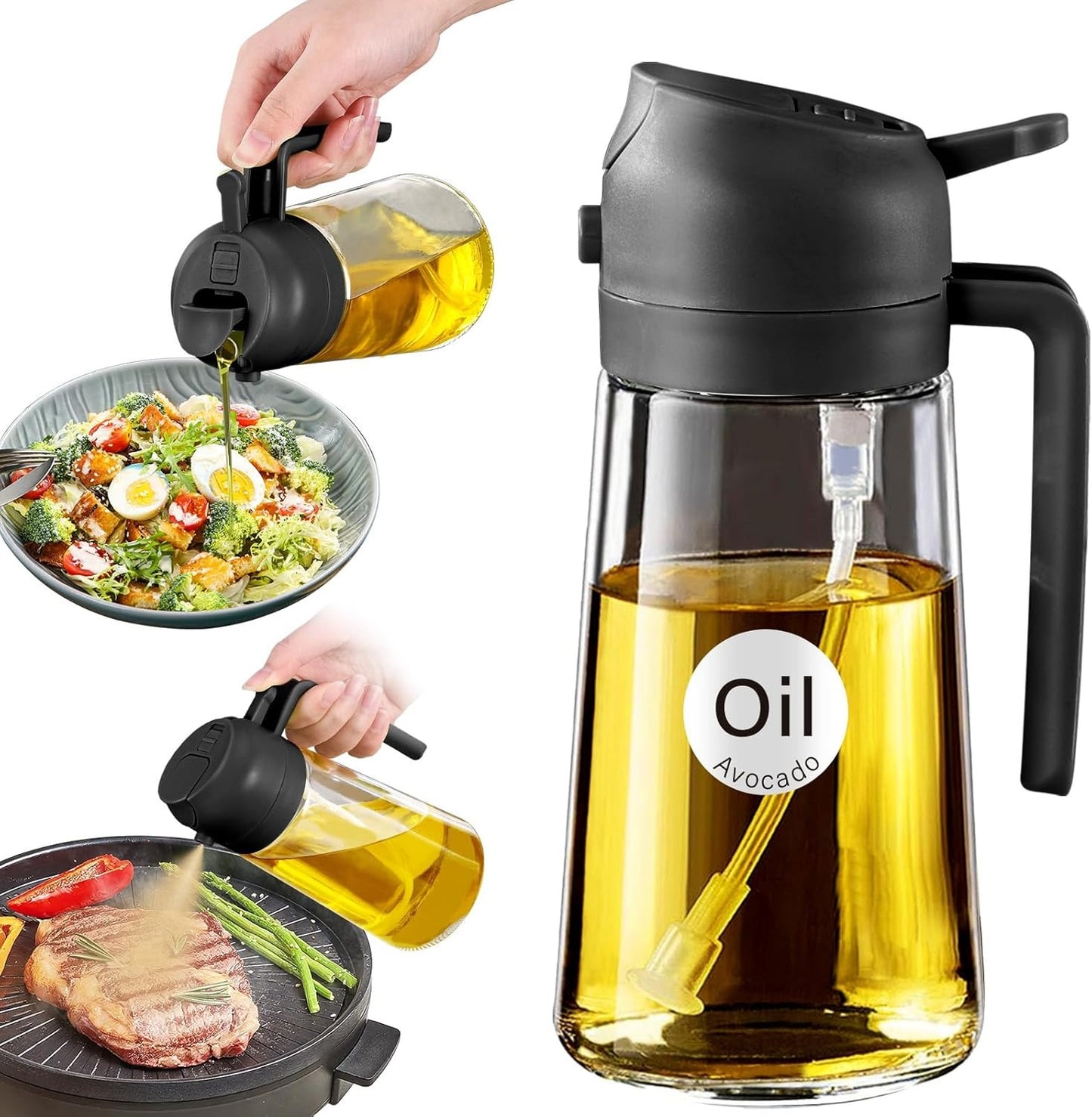 2 in 1, 16oz/470ml Kitchen Oil Dispenser, Leakproof Olive Oil Vinegar Pour Bottle, 3 Colors Black White Green for Cooking Storage