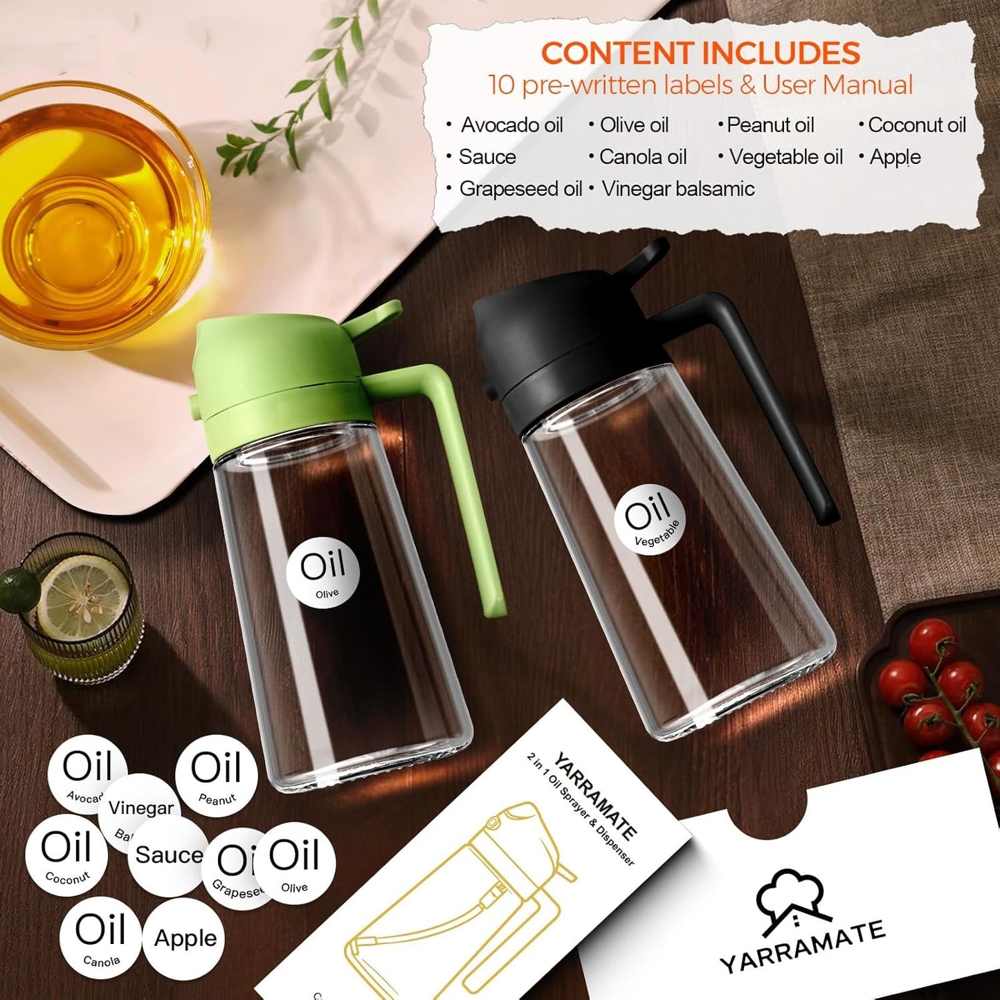 2 in 1, 16oz/470ml Kitchen Oil Dispenser, Leakproof Olive Oil Vinegar Pour Bottle, 3 Colors Black White Green for Cooking Storage