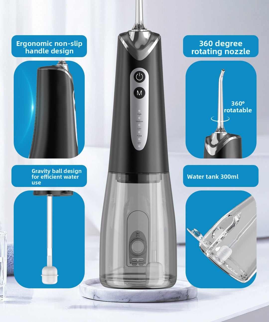 Cordless Water Flosser for Teeth, Portable Oral Irrigator with 5 Modes, 300ML Tank, 5 Nozzles, USB Rechargeable for Travel & Home Use