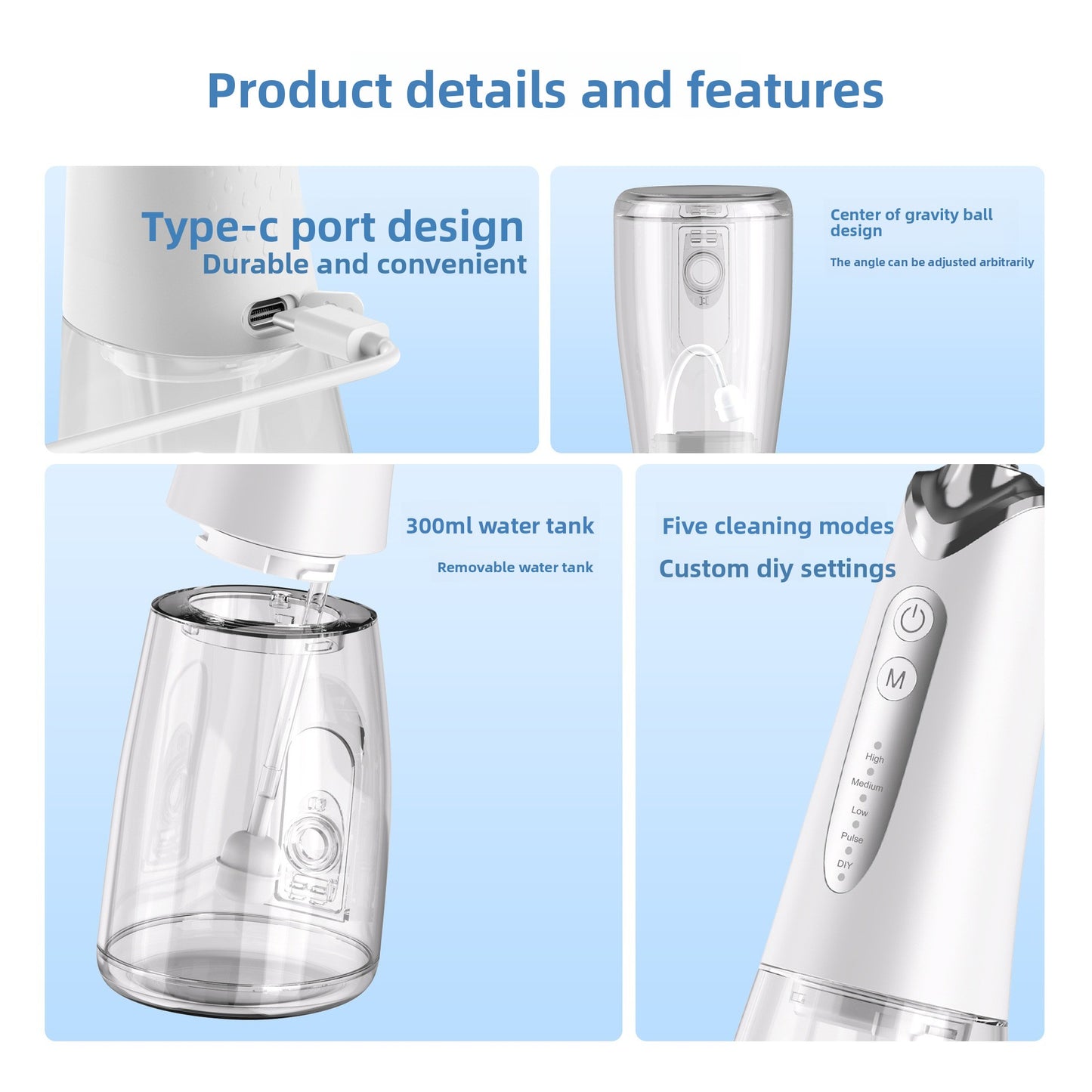 Cordless Water Flosser for Teeth, Portable Oral Irrigator with 5 Modes, 300ML Tank, 5 Nozzles, USB Rechargeable for Travel & Home Use