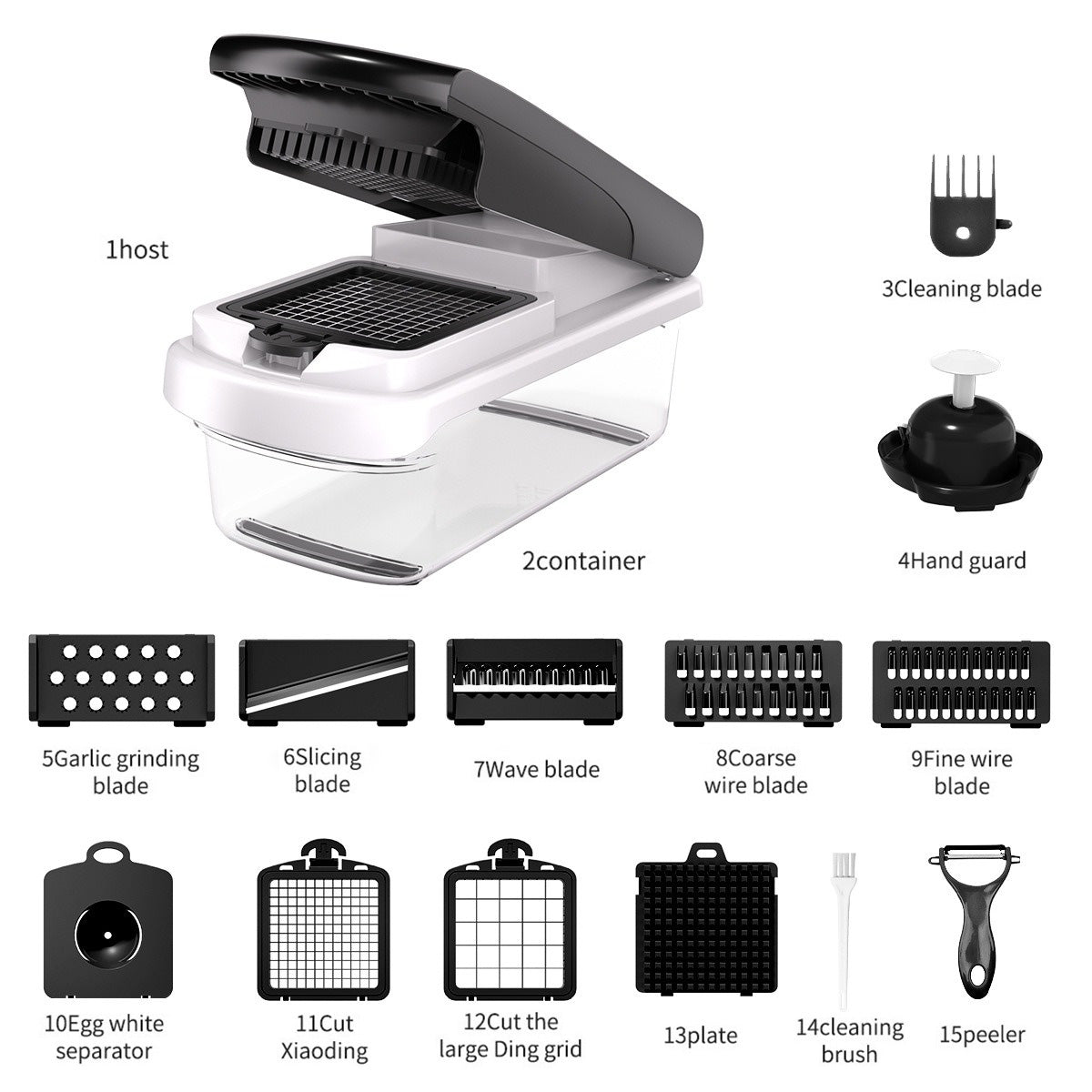 Vegetable Chopper, Multifunctional 15-in-1, Food Slicer Dicer with Stainless Steel Blades, Safety Guard & Drain Basket for Fruits Veggies